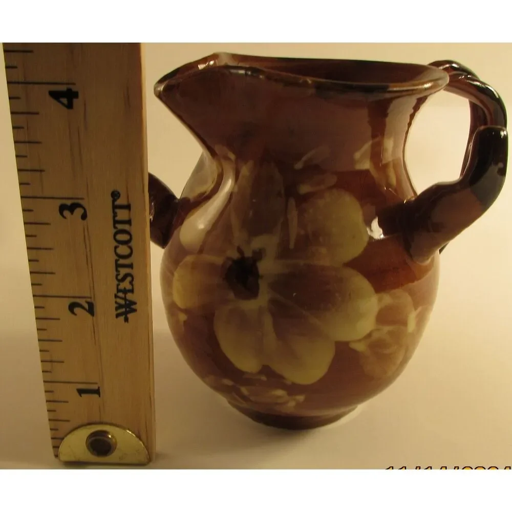 Studio Pottery Creamer brown glazed with flowers artist signed braided handle